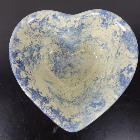 Vintage 3 pcs Set Heart Shaped Nesting Bowls White Blue Sponge Paint Pottery Art - Picture 13 of 16